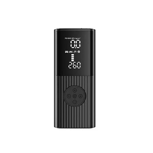 Wireless car tyre inflator with digital display, air hose, and four nozzle attachments on black background