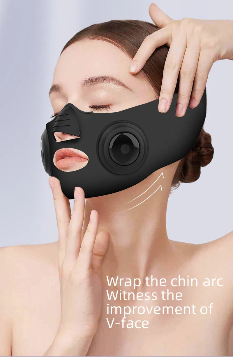 Black photon beauty mask device with a facial mask, showing USB port and control buttons.