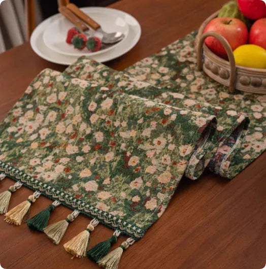 Polyester cotton blend table runner with handwoven tassels in European retro style