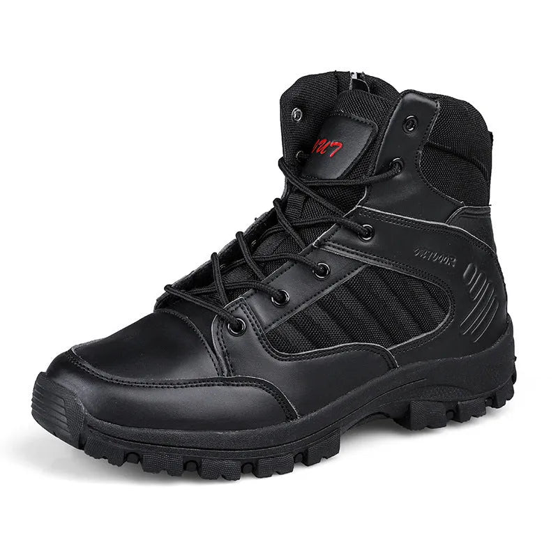 Men's black high-top hiking shoes with metal details on a waterproof artificial PU upper.