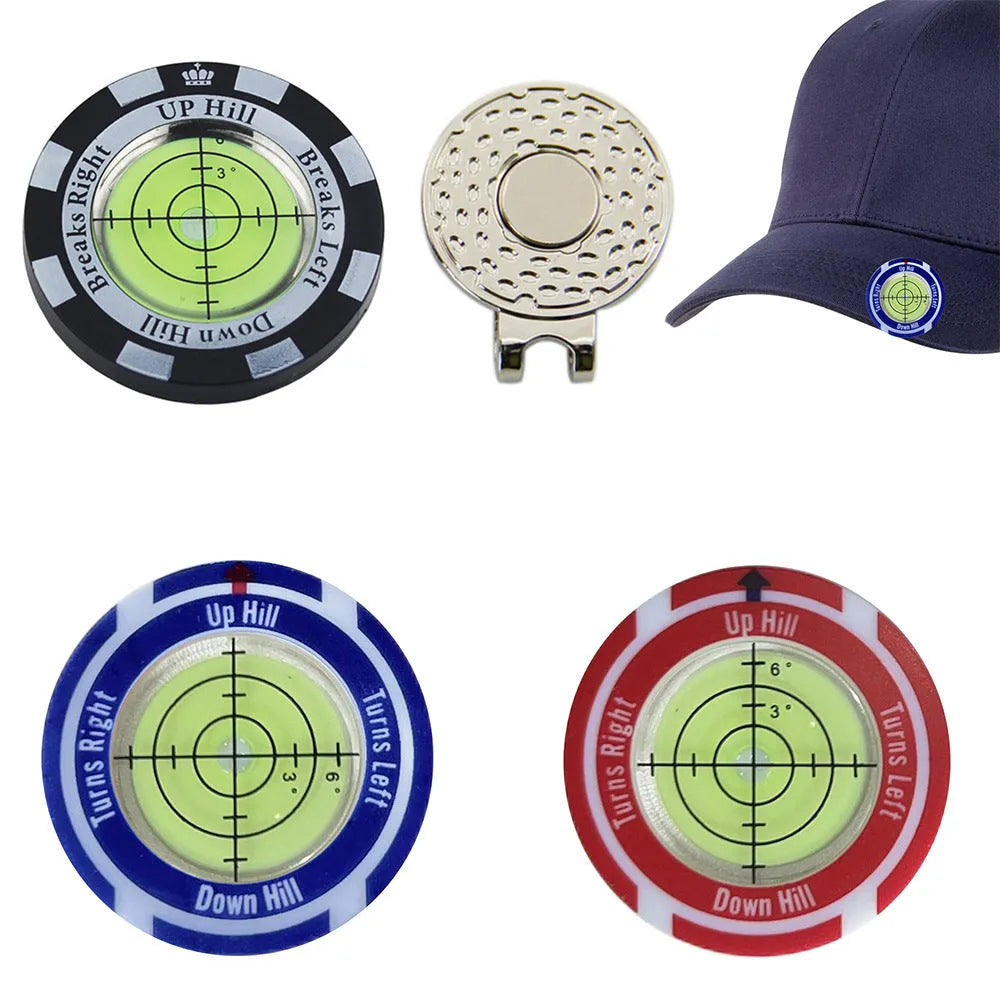 Golf level hat clip accessory with position mark in black, blue, and red colour options