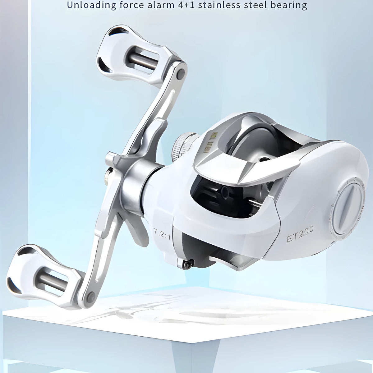 Small white micro bait casting fishing reel with drip wheel on a rod.