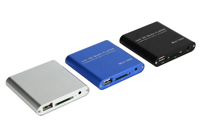Compact blue metal 1080P Full HD media player with HDMI for USB and SD cards