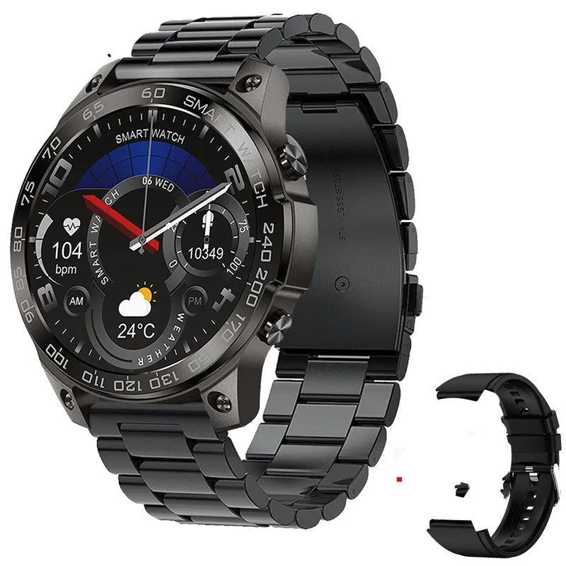 Bluetooth call sports watch with AMOLED screen showing fitness metrics and call interface