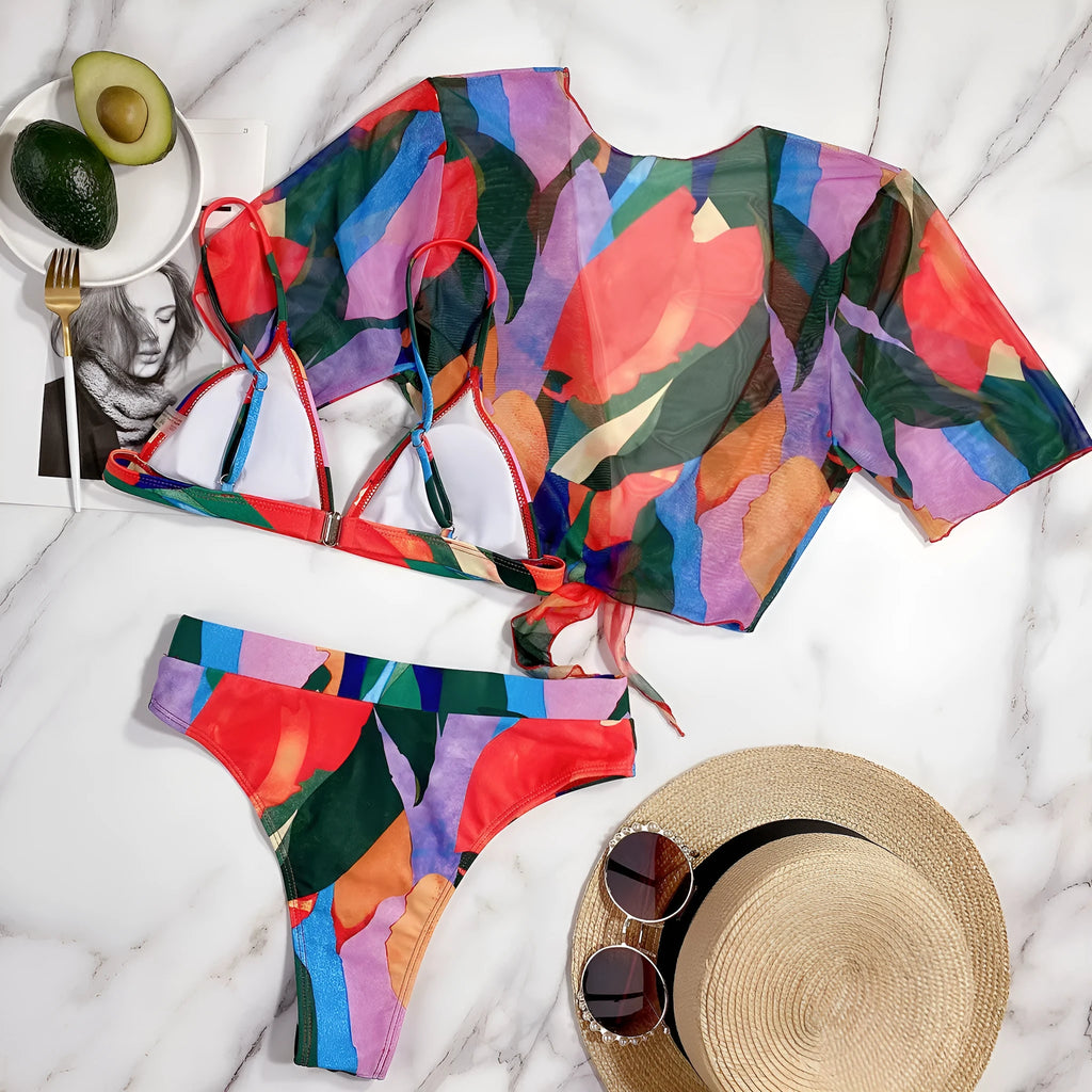 Red women's printed split swimsuit with European style pattern for swimming sports