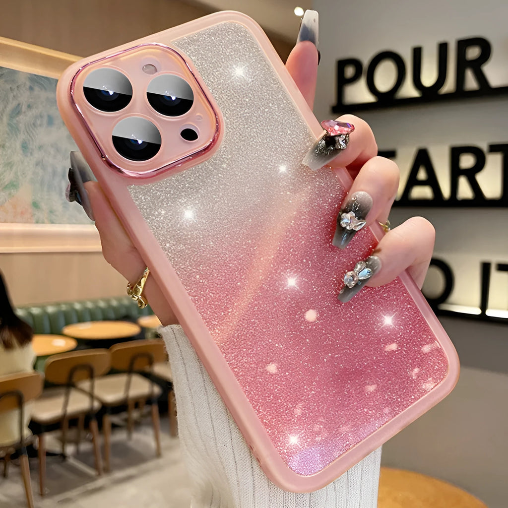 Ultra-thin transparent glitter iPhone case with magnetic suction in silver gradient colour on an iPhone 15