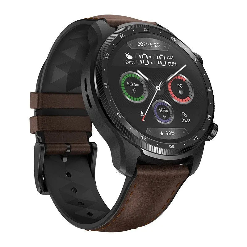 Ticwatch Pro X black smartwatch with stainless steel case and dual-layer display on a wrist