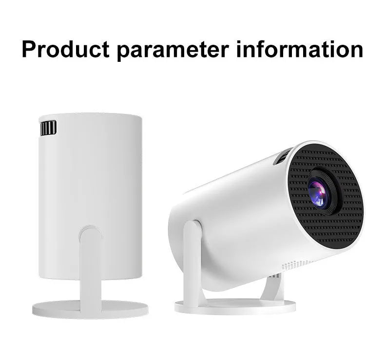White mini wireless portable HD projector for home cinema on a table.