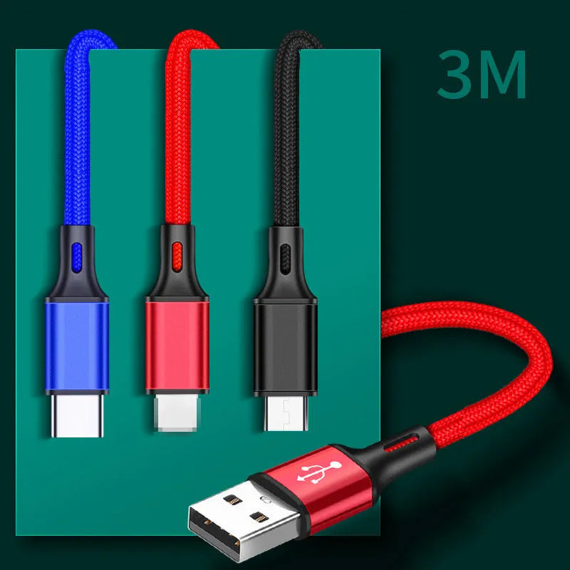 A 2-metre long USB data cable for phones, shown in one of five colour options: black, blue, gold, red, or silver.