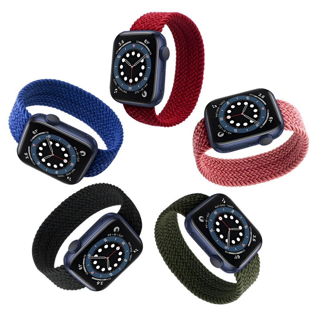 Nylon Apple Watch strap with plastic head connector in army green, showing elastic woven texture.