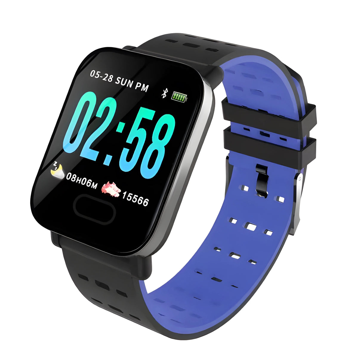 A6 smart bracelet in black, blue, or orange with a colour screen and silicone strap.
