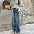 Women's straight-leg denim jeans in retro blue with high waist and traditional cotton construction