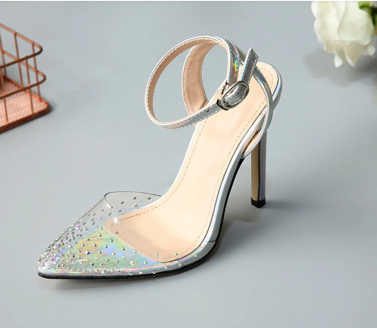 Women's pointed diamond sandals with stiletto heels in PVC material