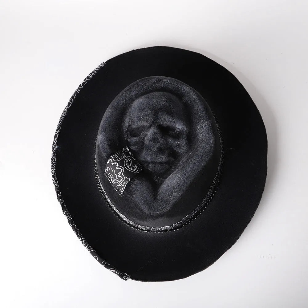 Handmade wool felt denim Halloween skull hat with conical crown design
