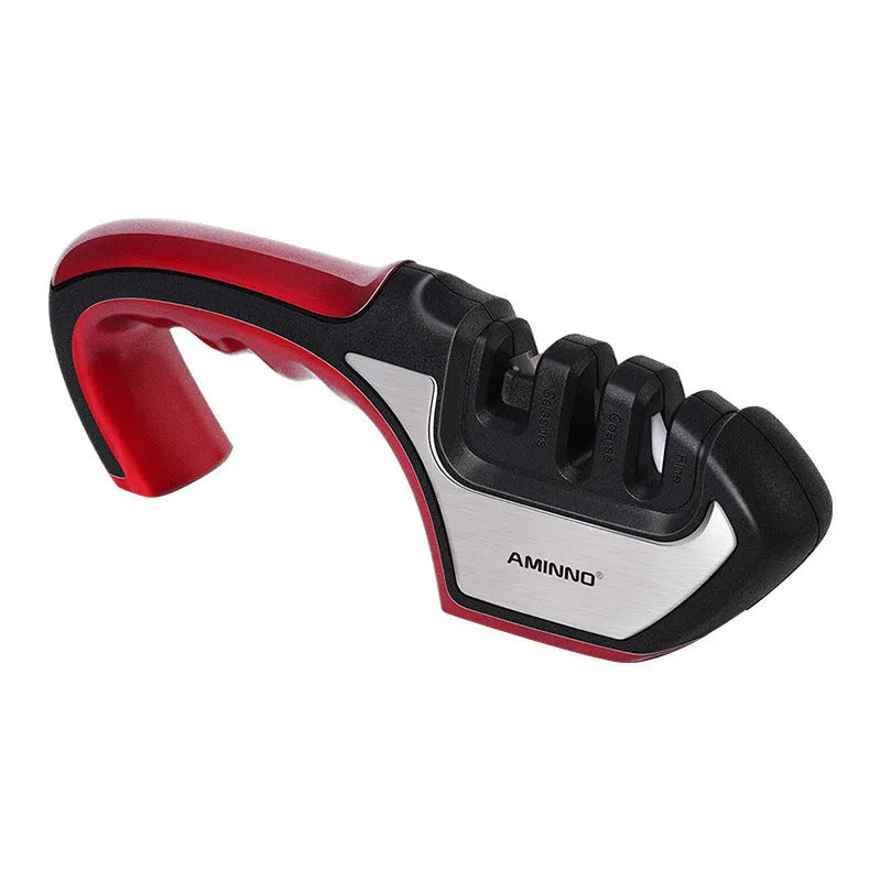4-in-1 kitchen knife sharpener with TPR and ABS handle, 238 x 50 x 67mm, black or cyan colour options