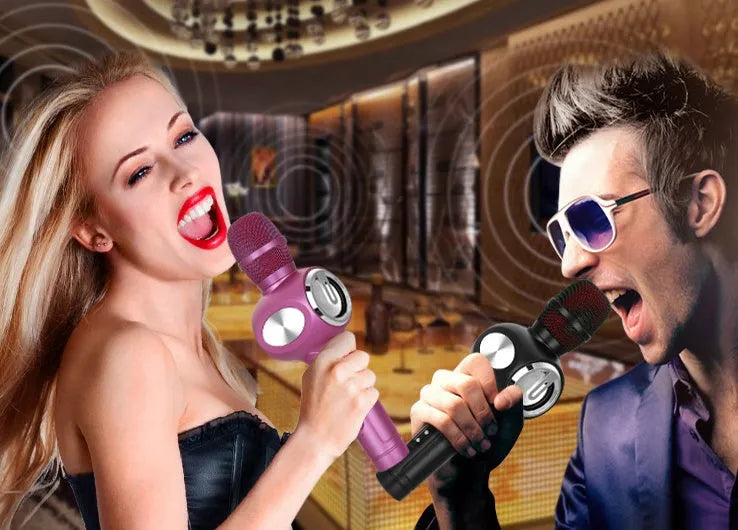 Yaerjia E108 black, gold, and pink mobile karaoke microphone with built-in speakers