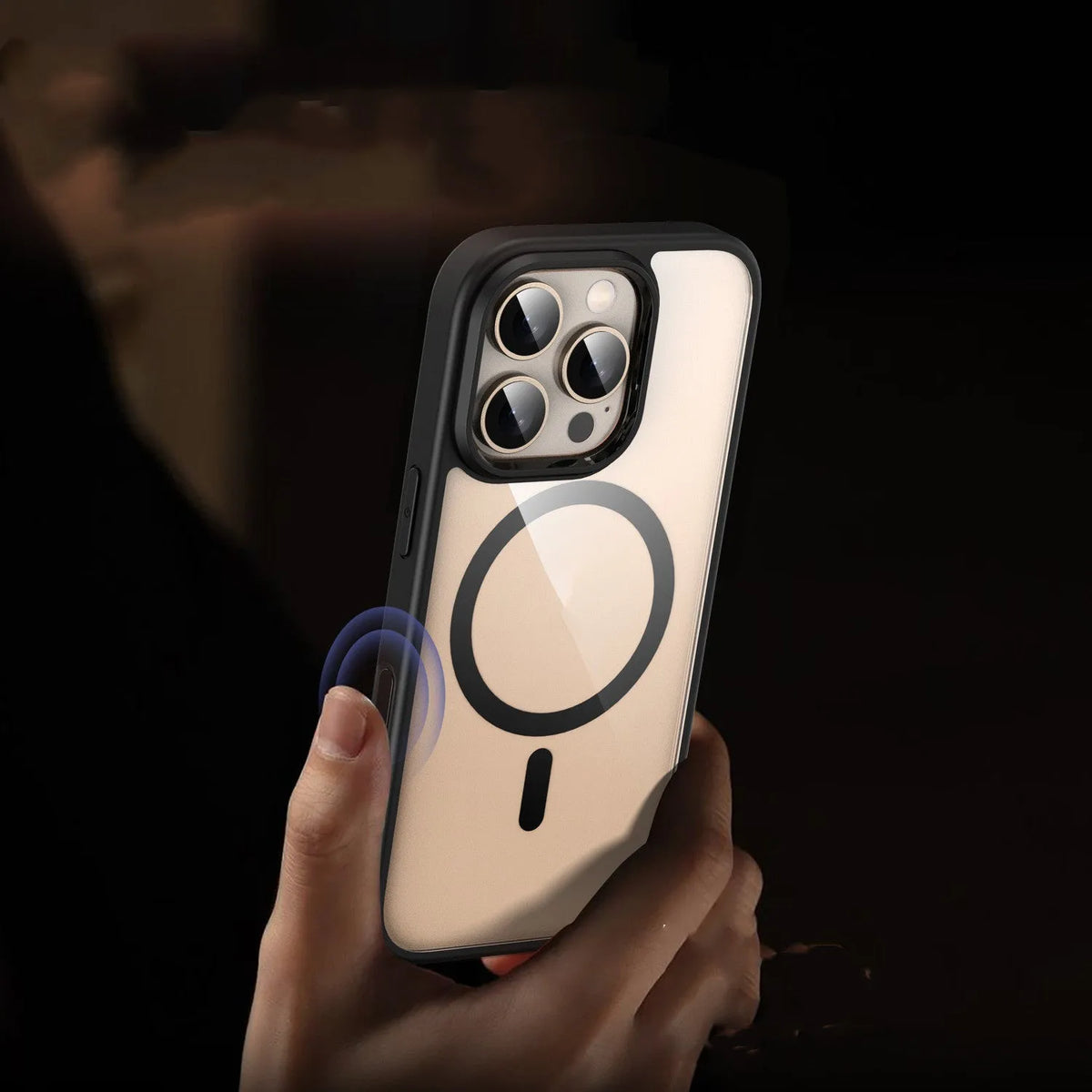 Black transparent magnetic phone case with airbag protection for iPhone 16 models on a white background.