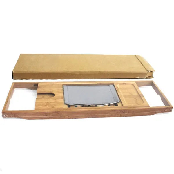 Bamboo bathtub frame organiser with single-tier shelf for bathroom storage