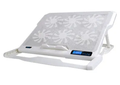 Metal mesh laptop cooling board with LCD display showing six-speed control settings