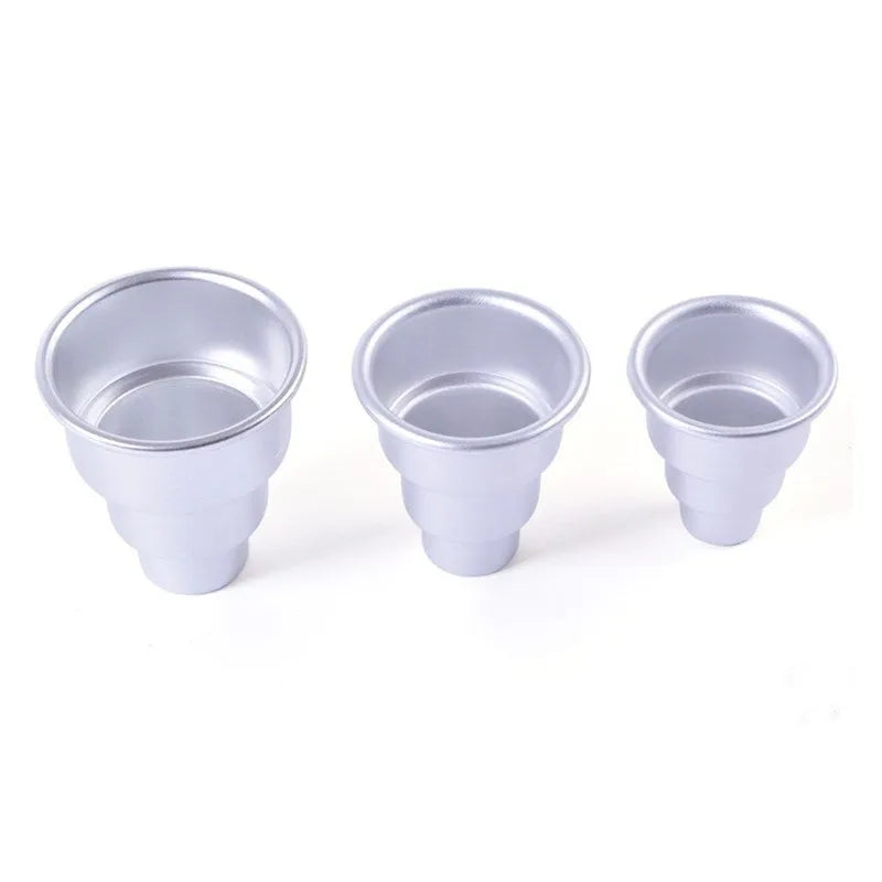 Set of three silver aluminium alloy cake moulds in large, medium, and small sizes for baking.