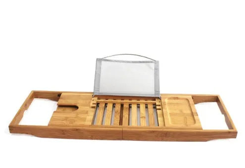 Bamboo bathtub frame organiser with single-tier shelf for bathroom storage
