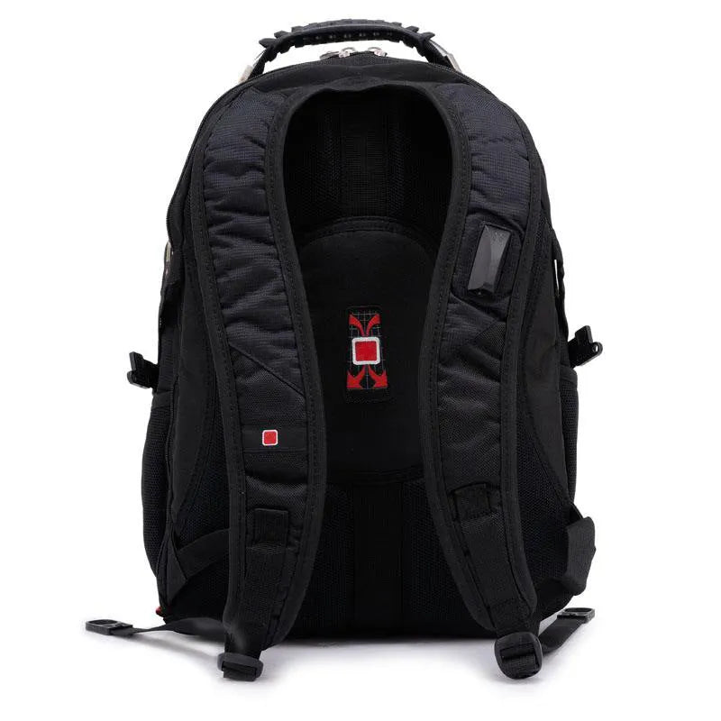 Black business laptop backpack showing three compartments open with laptop in padded section