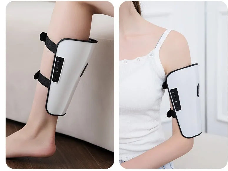 White plastic pulse calf massager unit with mechanical controls for infrared and electrotherapy leg massage.