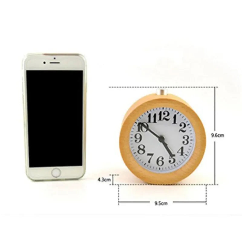 Solid beech wood student alarm clock showing 4-inch size and wooden construction