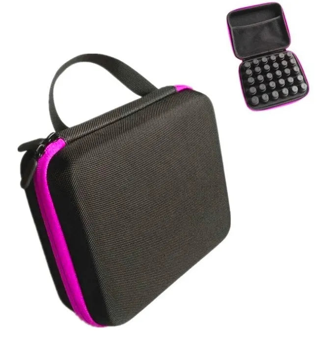 Red EVA cube-shaped essential oil storage bag holding 30 bottles, mounted on a wall.