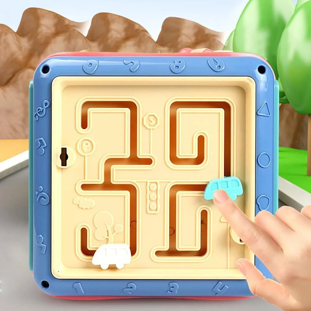 Baby hexahedron educational toy with six different games including bead maze and clock cognition