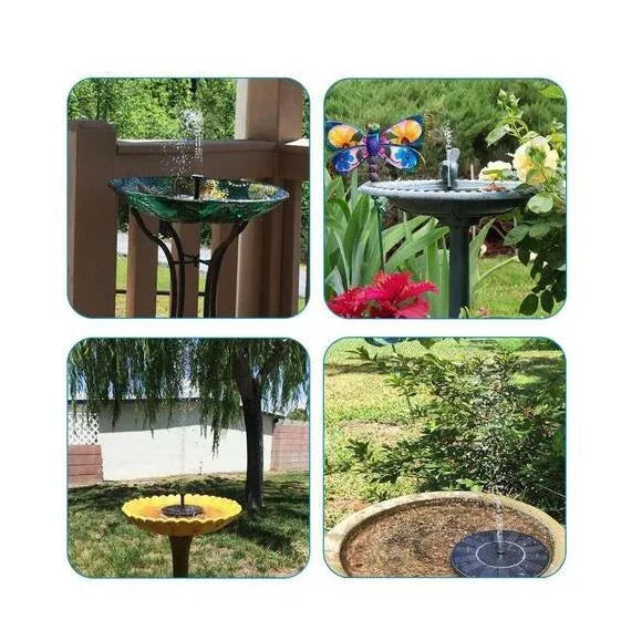Black solar-powered floating garden fountain with multiple spray nozzles for birdbaths and ponds