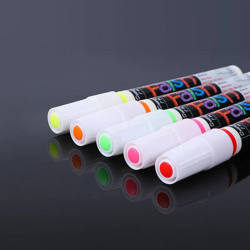 Electronic fluorescent plate highlighter pen with oblique 6mm tip, shown in an 8-colour set on a card.