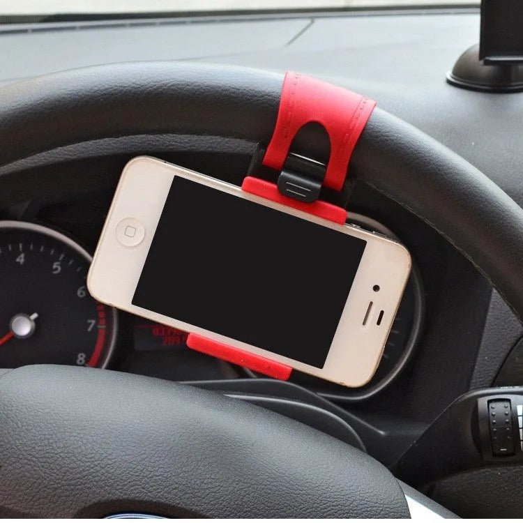 Black steering wheel phone mount with elastic clip and silicone padding for smartphones