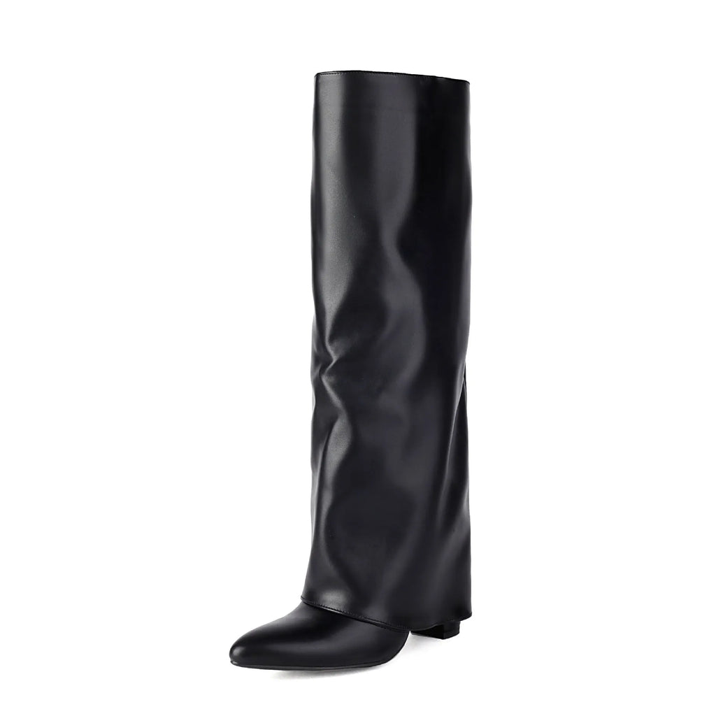Women's black plus size thick high heel boots with sewing line detail and high cylinder design