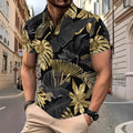 Men's gold short sleeve shirt with a tropical leaf pattern print.