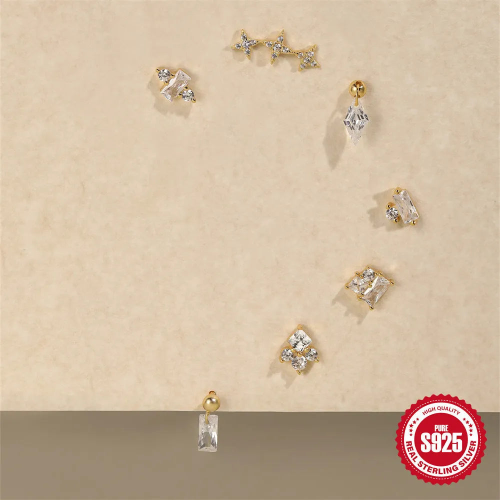 S925 sterling silver ear studs with square gravel flower design in golden colours