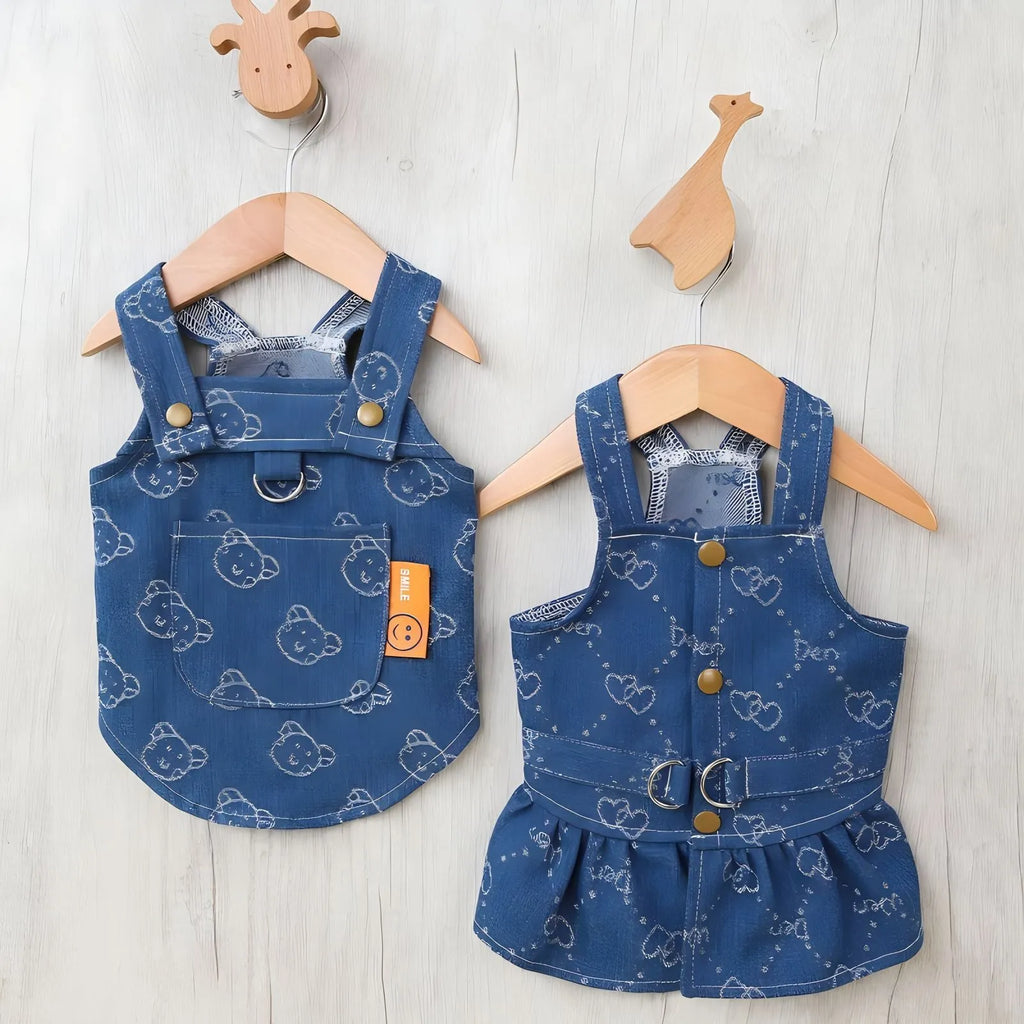 Small dog wearing denim princess dress with bracket-skirt style in classic denim colour