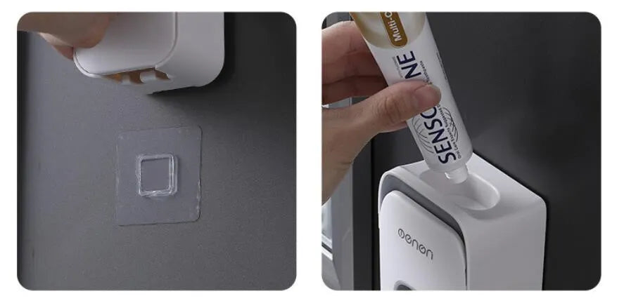 Automatic touchless toothpaste dispenser with digital LCD display mounted on a bathroom wall