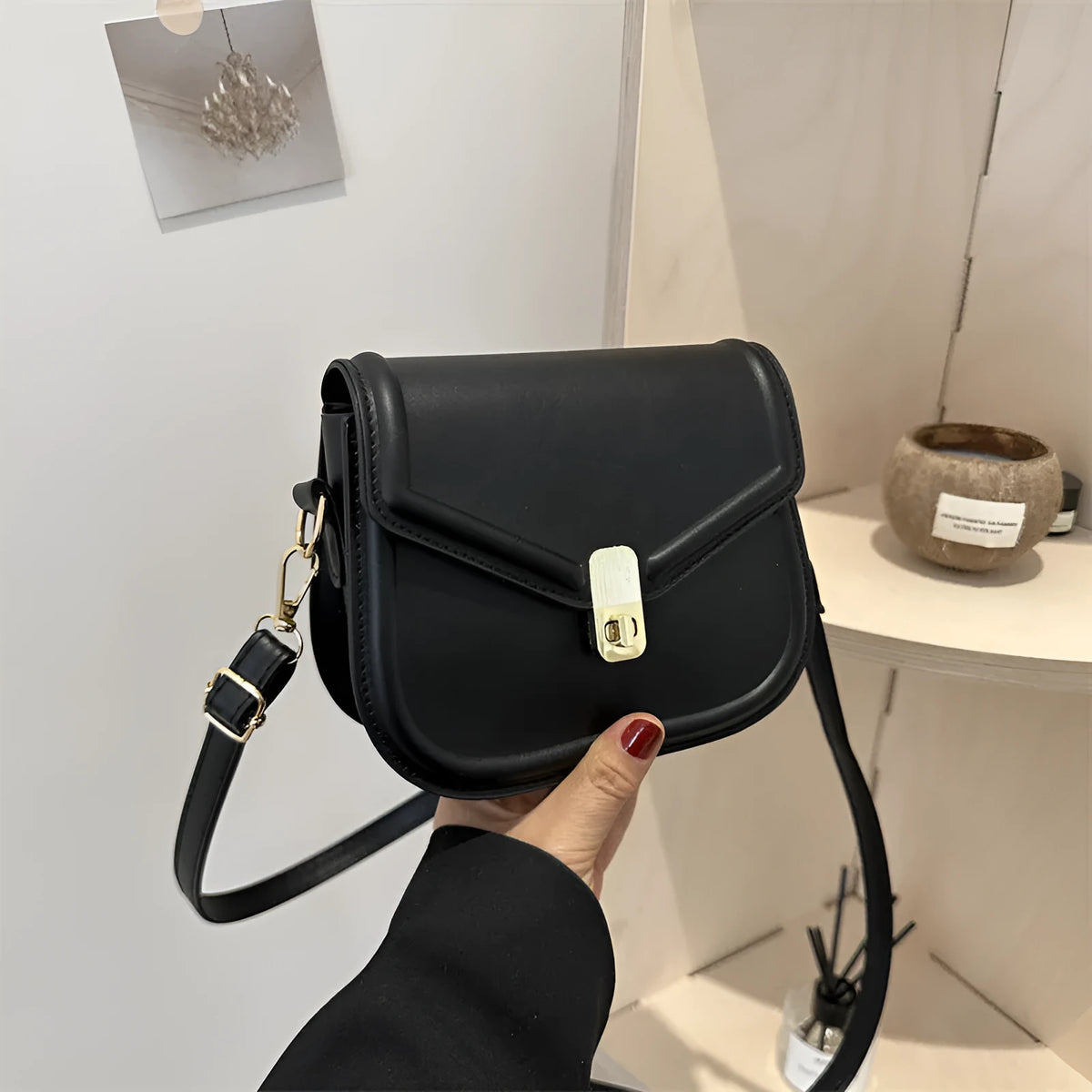 Soft PU leather horizontal square messenger bag with clamshell opening in khaki colour