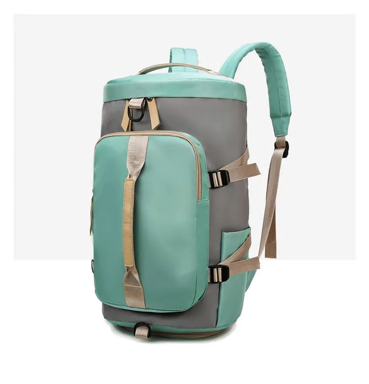 Black convertible nylon gym bag showing backpack, shoulder bag, and handbag modes with separate shoe compartment.