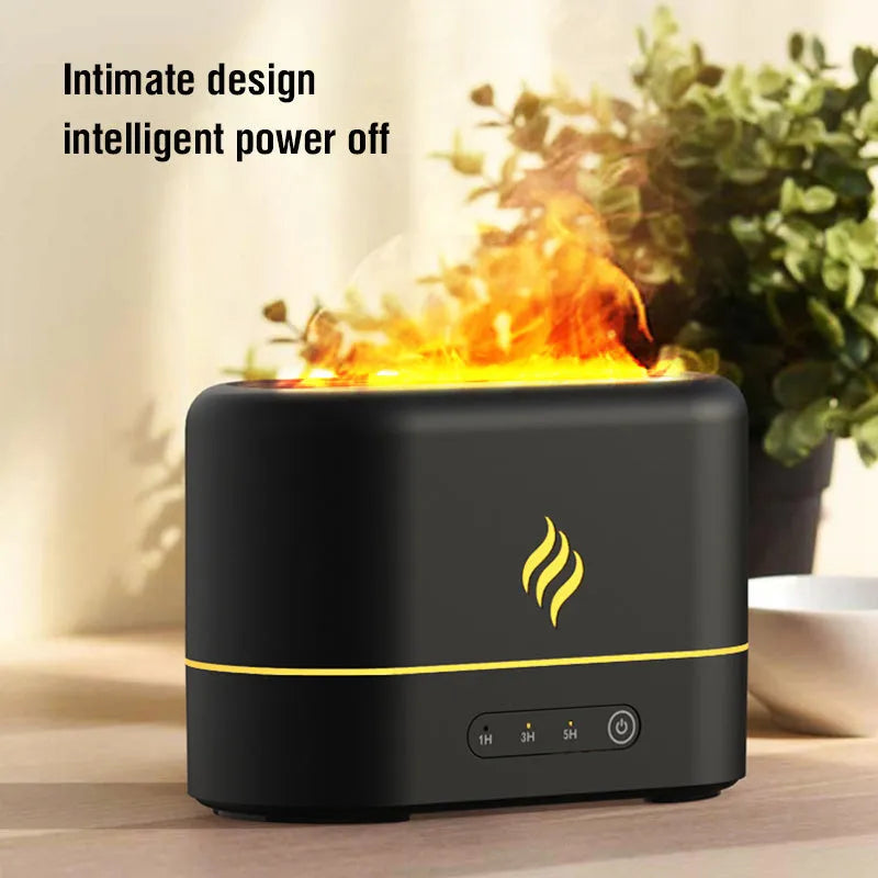 USB-powered aroma diffuser humidifier with seven-colour simulated flame effect showing mist output