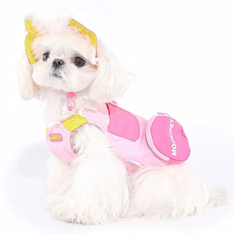 Pink polyester pet vest for a small dog on a mannequin, showing casual styling.