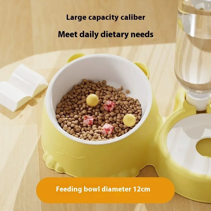 Automatic pet drinking fountain with two stainless steel bowls, shown in haze blue colour.