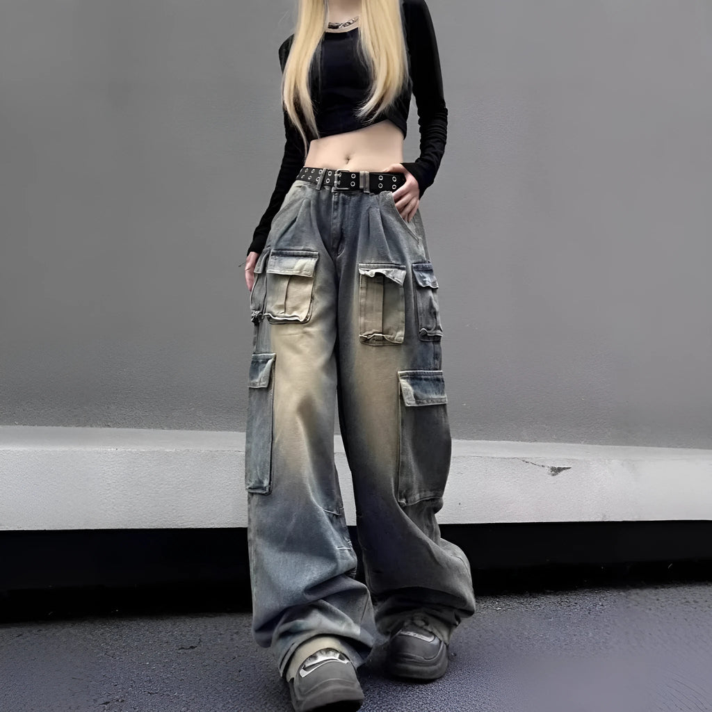 Loose multi-pocket distressed jeans with straight-leg cut and tooling style pockets