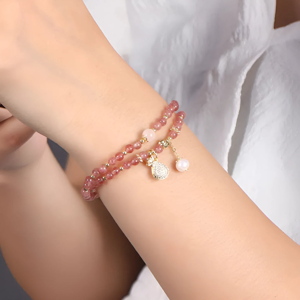 Women's strawberry quartz crystal bracelet with geometry shape wallet design