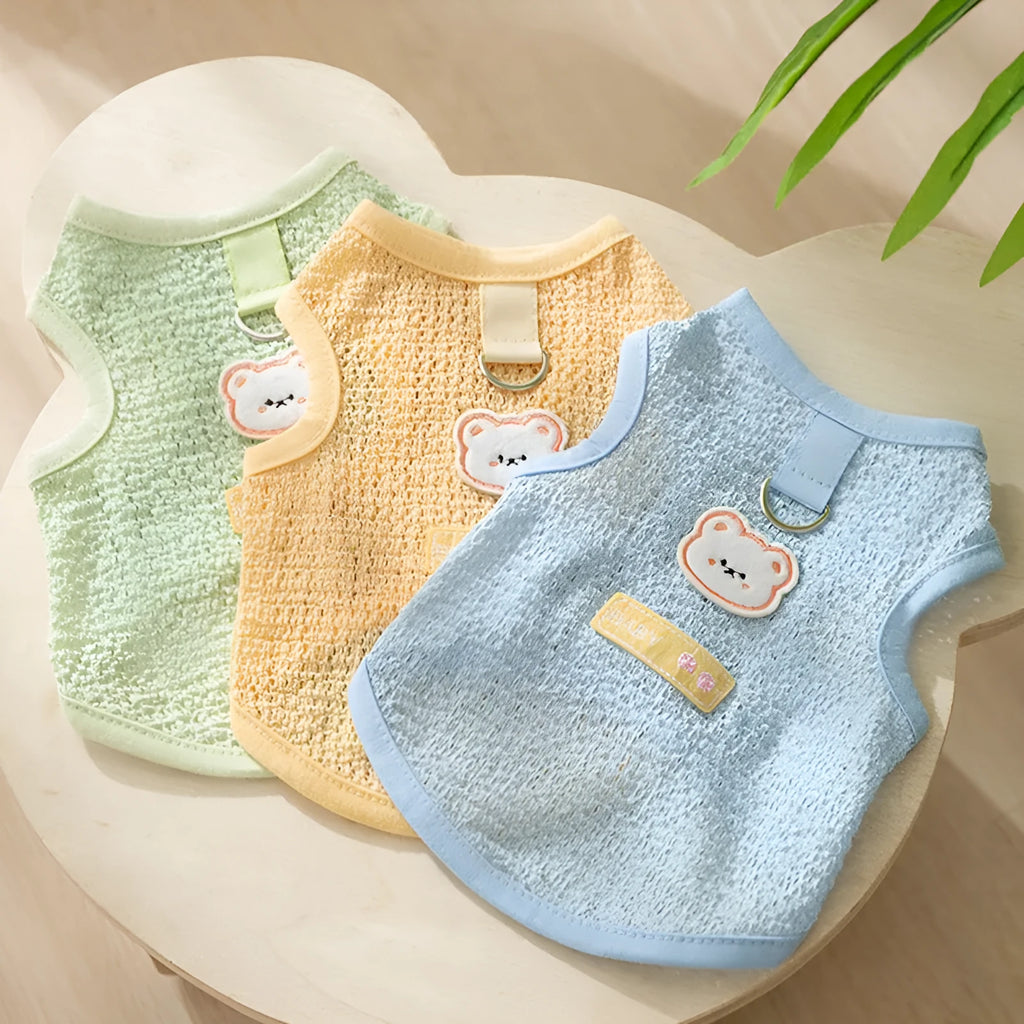Cartoon bear patch cat clothes in knitted fabric with hollowed-out breathable design