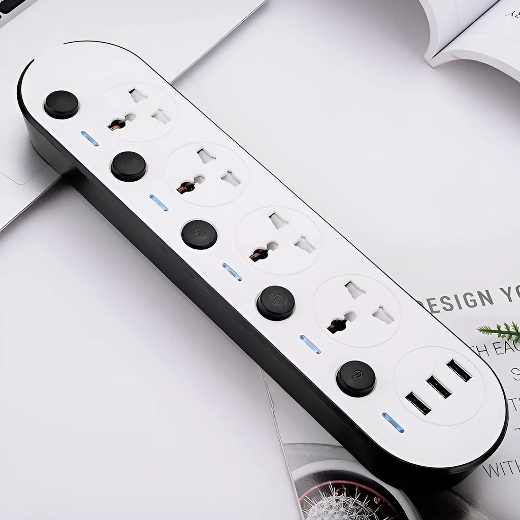 Multi-switch international power strip socket with choice of AU, EU, UK, US plugs and cable lengths.