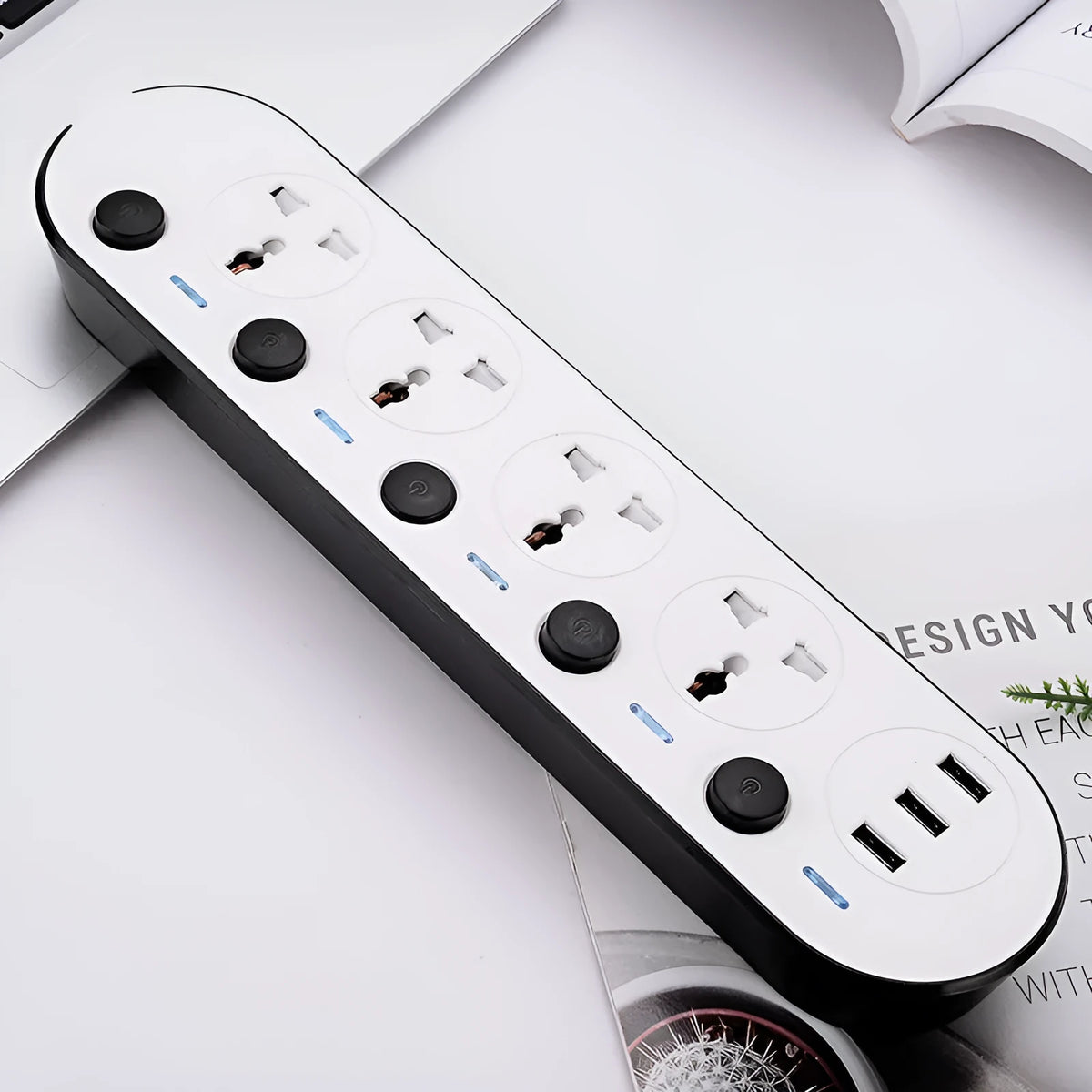 Multi-switch international power strip socket with choice of AU, EU, UK, US plugs and cable lengths.