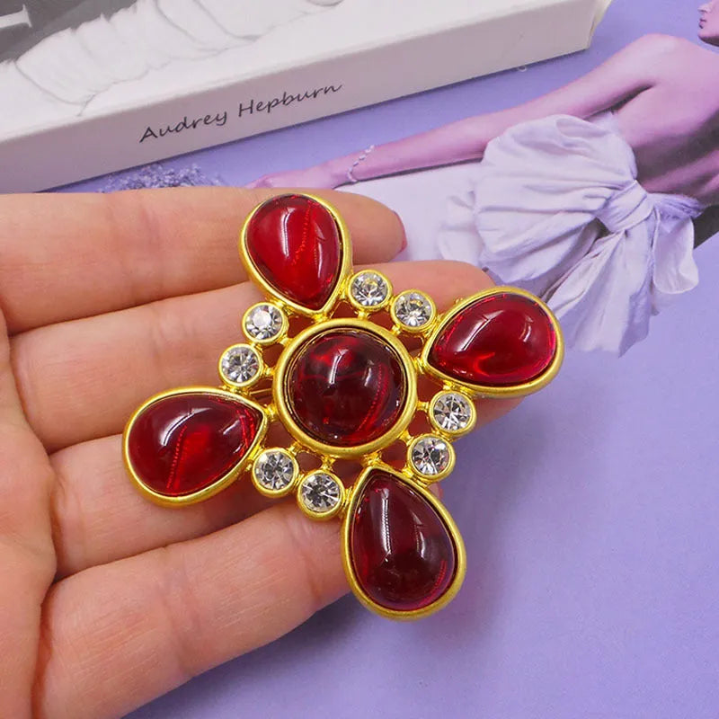 Vintage medieval baroque cross crystal brooch in zinc alloy showing eight colour style options