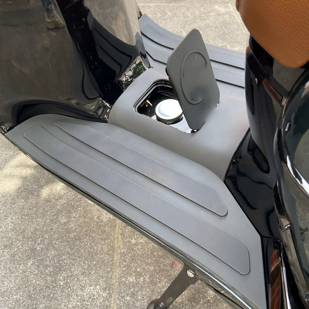 3D rubber motorcycle front foot pad in Black Grey and Bronze Gold colours, showing textured surface.